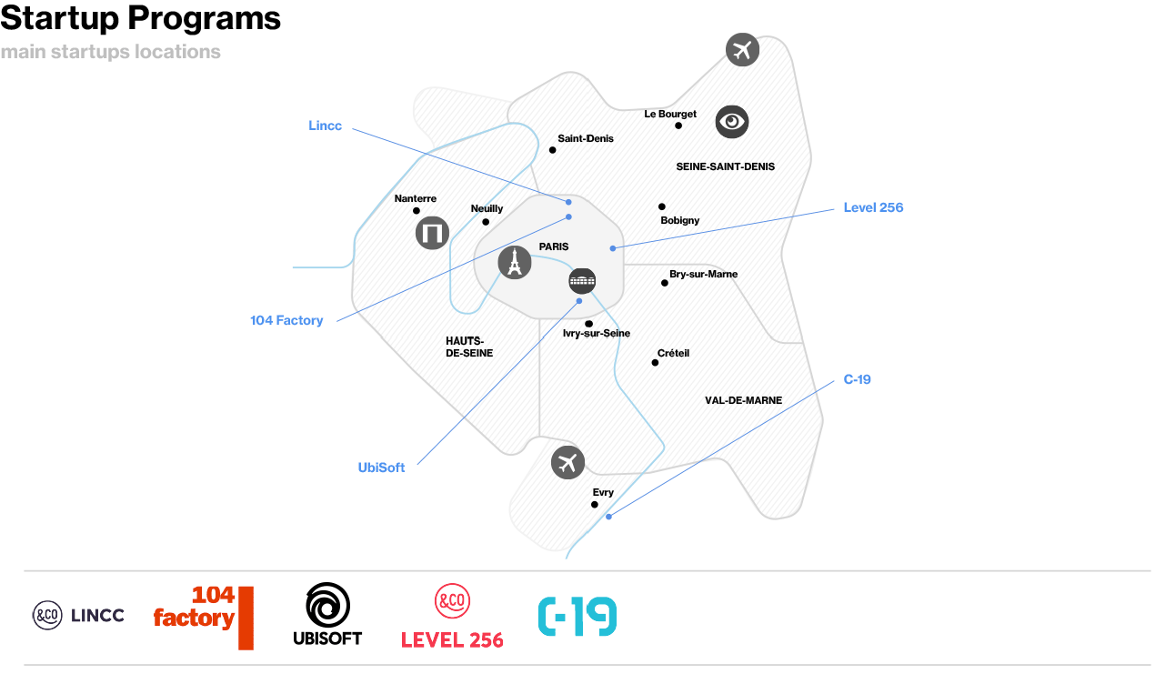ゲーム - Map of Startup Programs Specialized in Video Games in Paris Region